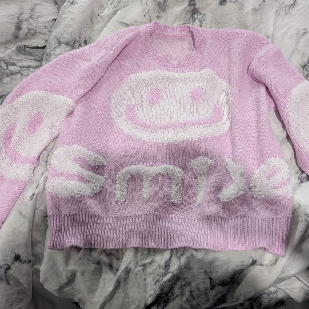Pink Smiley Knit Sweater - Casual Women's Pullover